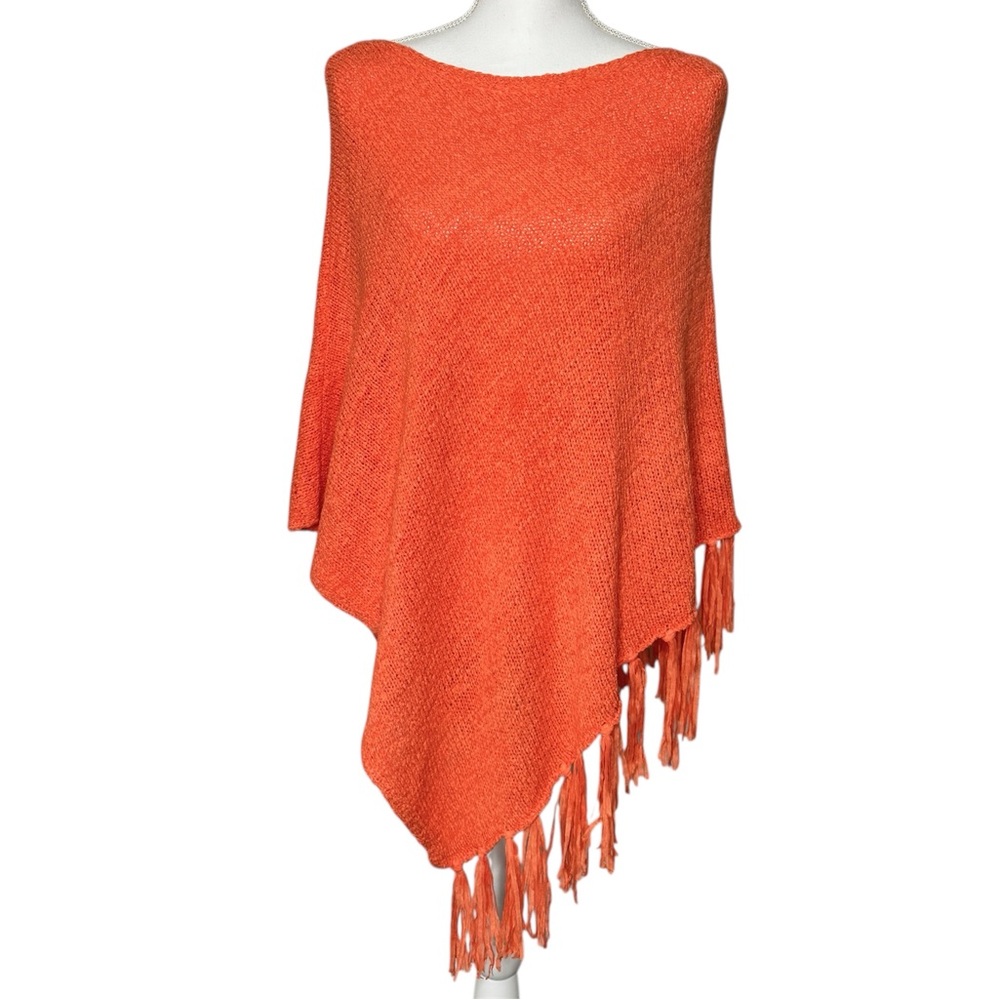 Chicos Poncho Orange Tape Yarn Knit Fringe Asymmetrical Pumpkin SZ Small Medium